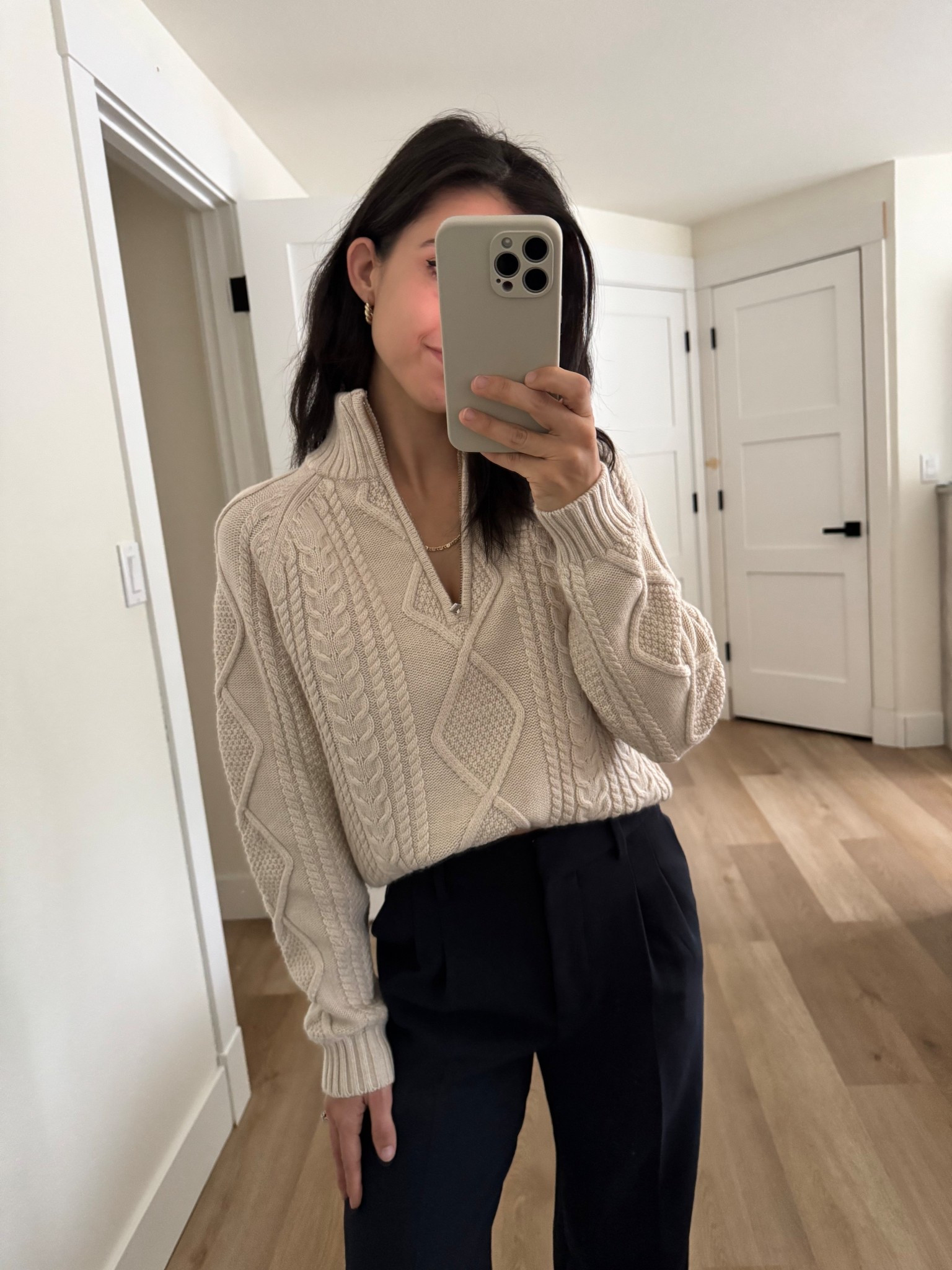 Prettiest knit I’ve ever seen. 
XS - knit 
0- effortless trouser 

#LTKPetite #LTKSaleAlert #LTKCyberWeek