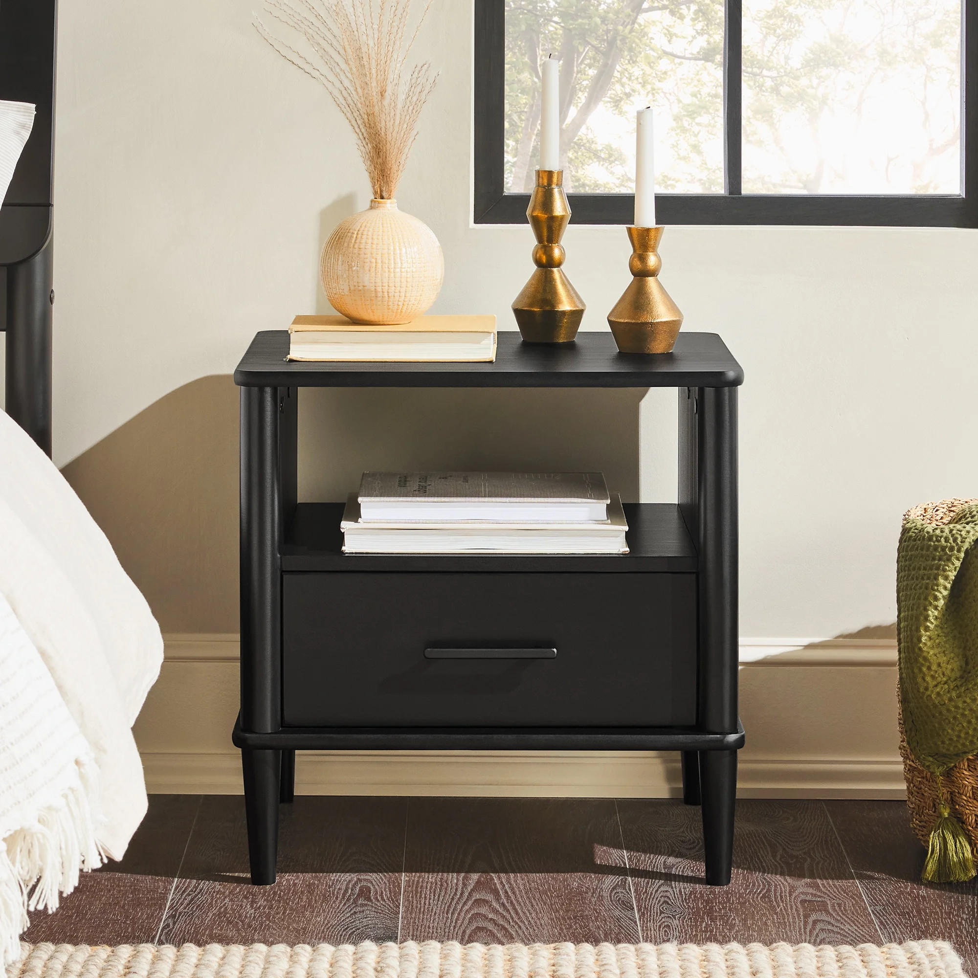 Walker Edison Transitional 1-Drawer Spindle-Leg Nightstand, Black - Walmart.com | Walmart (US)