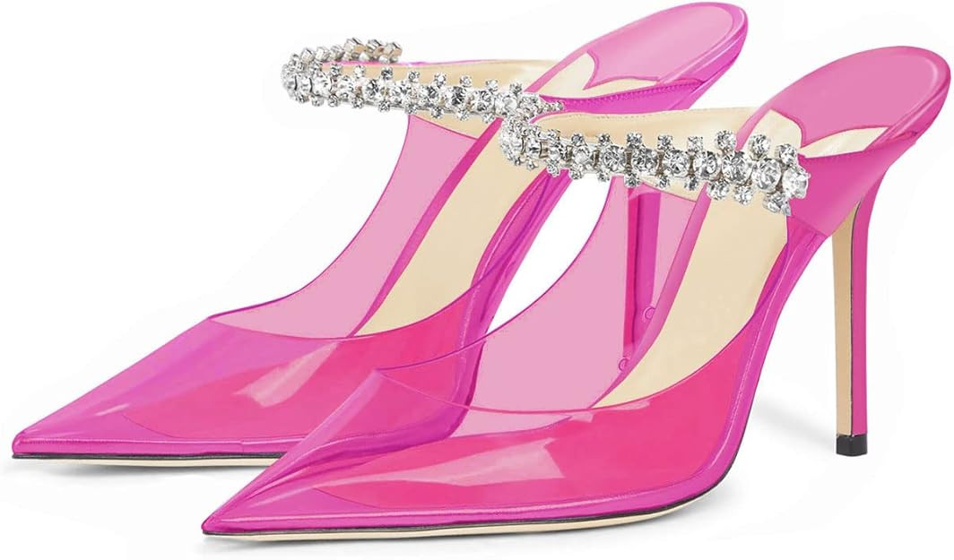 XINIUNIU Women's Clear Heeled Mules Sandals Rhinestone Strap 4 inch Kitten Pointed High Heel Mule... | Amazon (US)