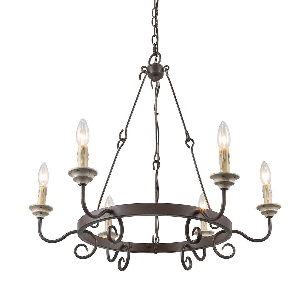 LNC Sombre 6-Light Farmhouse Antique Bronze Distressed Oak Candlestick Round Island Chandelier with  | The Home Depot