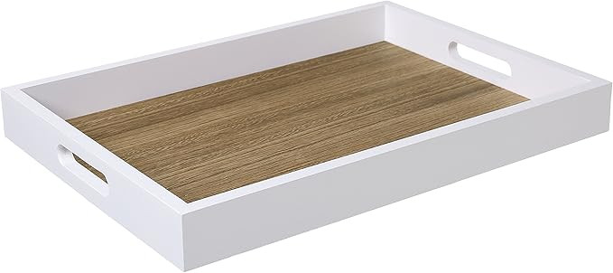 MyGift 16.5 Inch Large Decorative Serving Tray, White and Natural Wood Portable Board with Cutout... | Amazon (US)