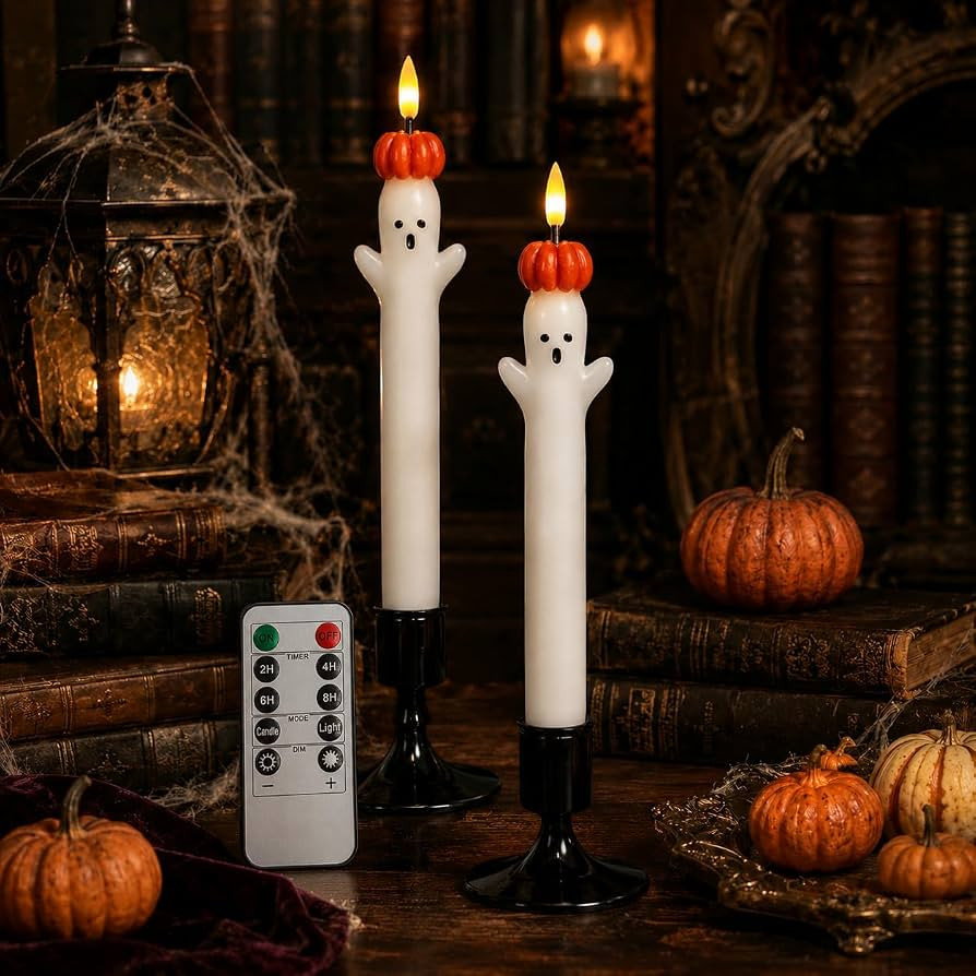 Halloween Ghost Flameless Taper Candles Set of 2, 10 Inch LED Paraffin Wax Candles with Pumpkin H... | Amazon (US)