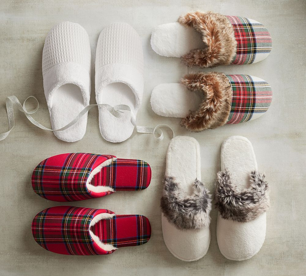 Stewart Plaid Flannel Faux Fur Slippers | Pottery Barn (US)