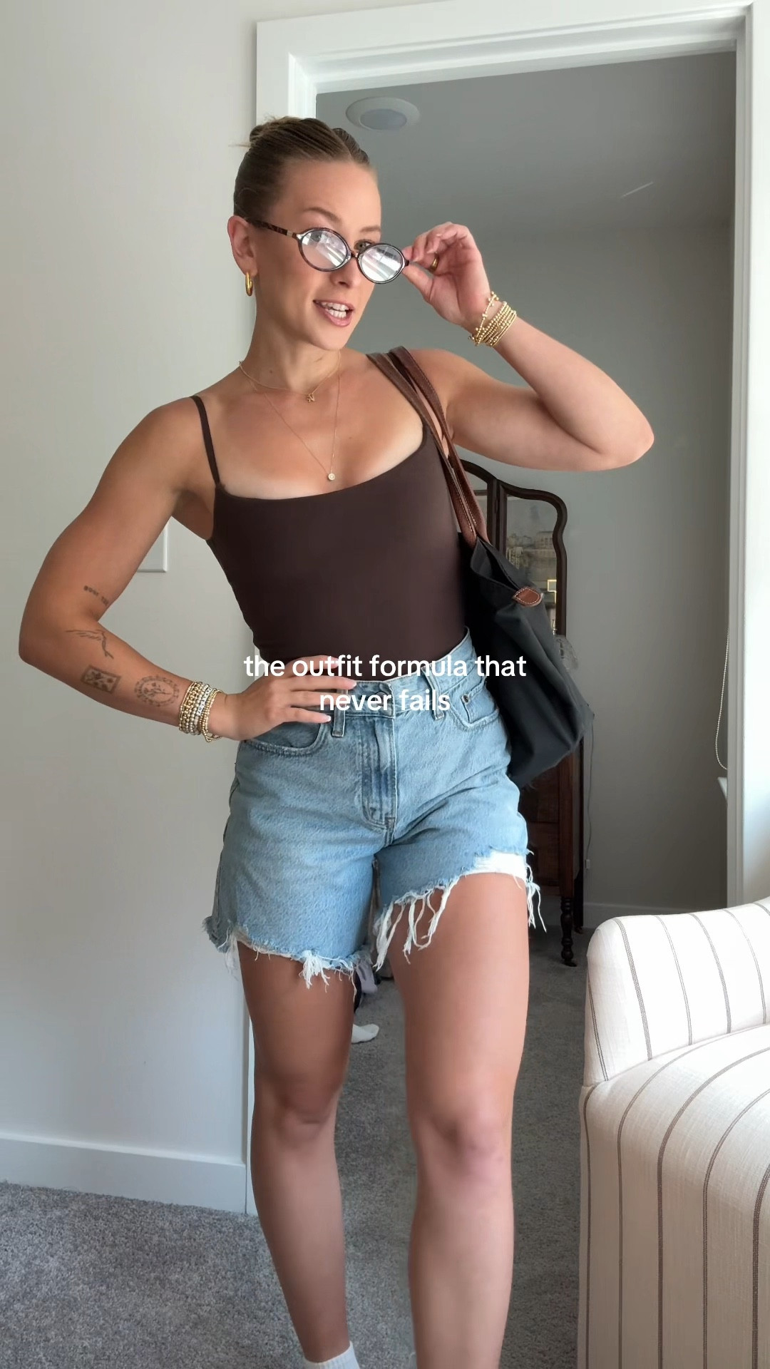 8/5/25 Casual Summer Wardrobe Staples A very easy, very me summer outfit — all practical staples I’ve been wearing on repeat lately. Linking my favorite Amazon oval sunglasses that instantly elevate any look, my go-to bra-free Abercrombie bodysuit, the loose Abercrombie jean shorts I’ve been living in all season, and my Adidas suede Spezial sneakers in brown for a cool, effortless finish.

#LTKStyleTip #LTKShoeCrush