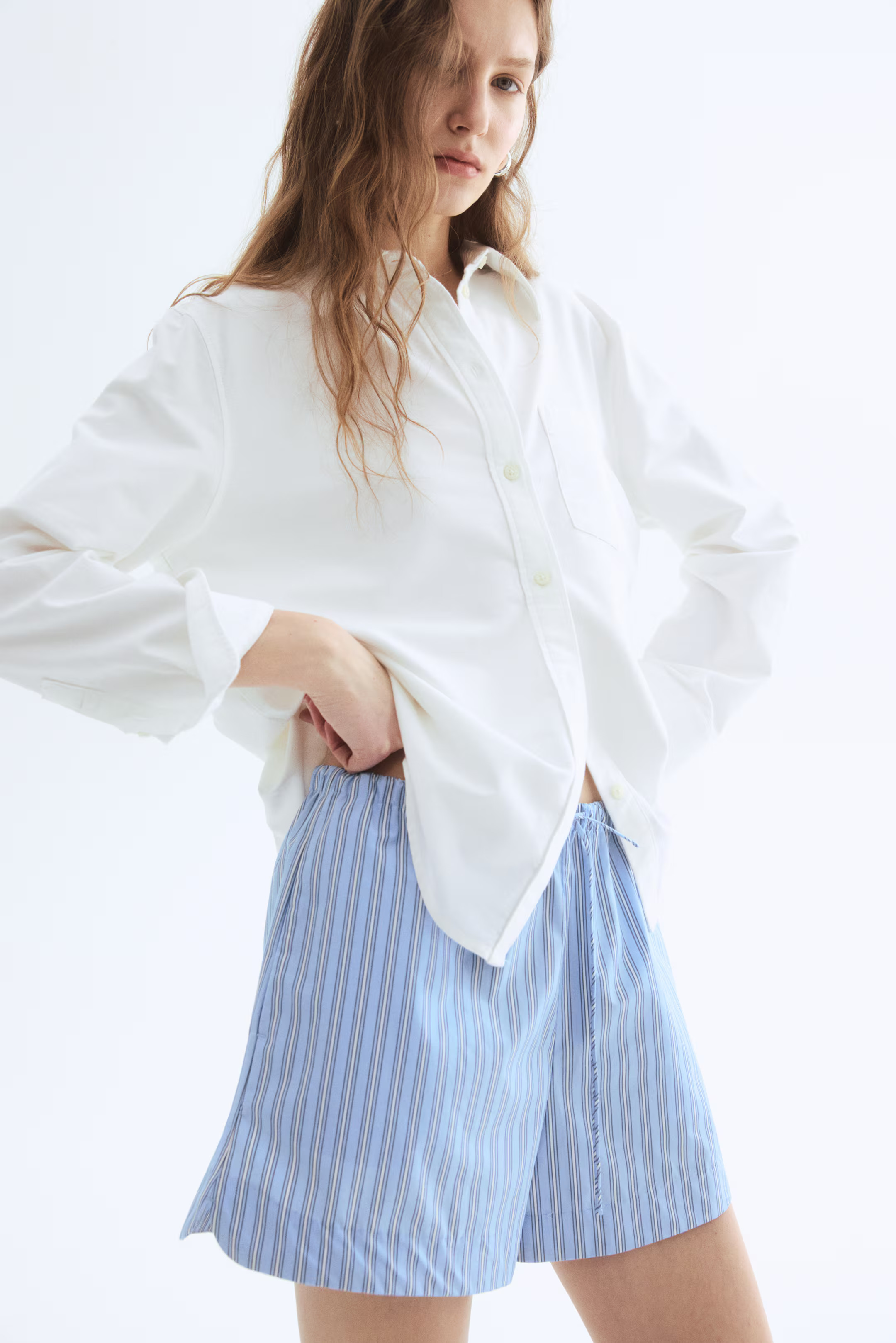 Cotton Shorts with Drawstring - Light blue/striped - Ladies | H&M US | H&M (US + CA)