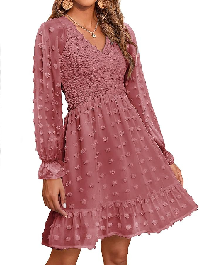 BTFBM Women V Neck Smocked Short Dress Long Sleeve Flowy Casual Swiss Dot Ruffle Chiffon Mini Sum... | Amazon (US)