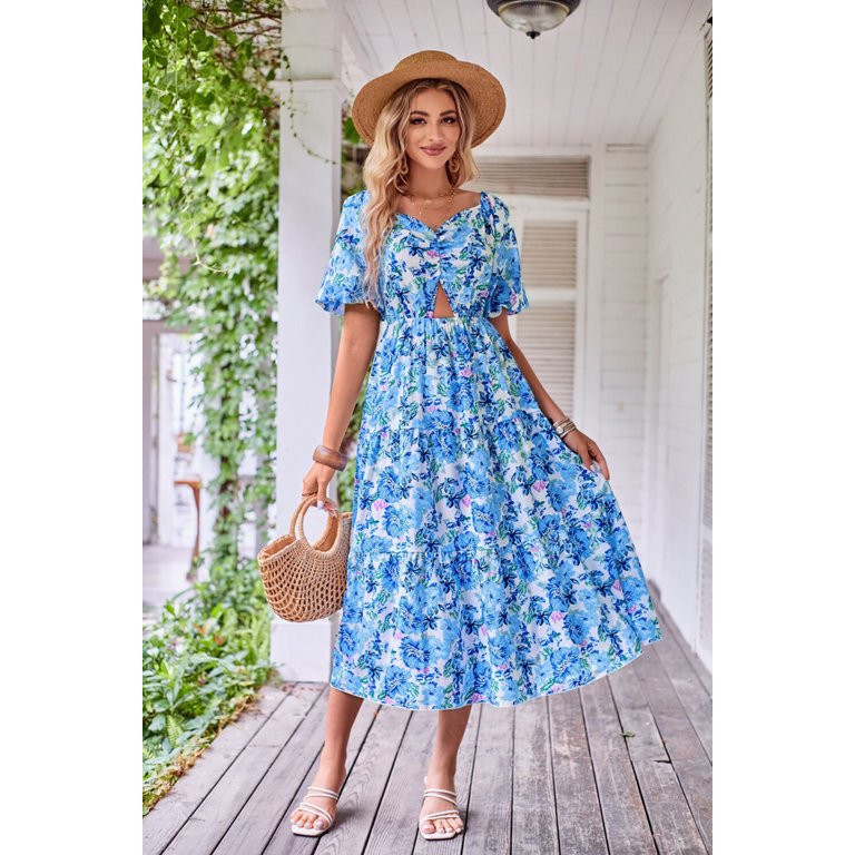 Women Summer Dresses 2023 Casual Flowy Beach Square Neck Puff Short Sleeve Smocked Back Boho Flor... | Walmart (US)
