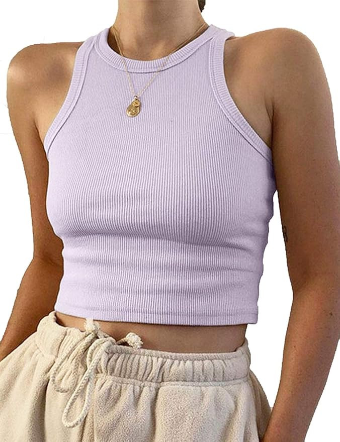 Meladyan Women's Round Neck Basic Racerback Camisole Rib-Knit Solid Sleeveless Crop Tank Tops | Amazon (US)