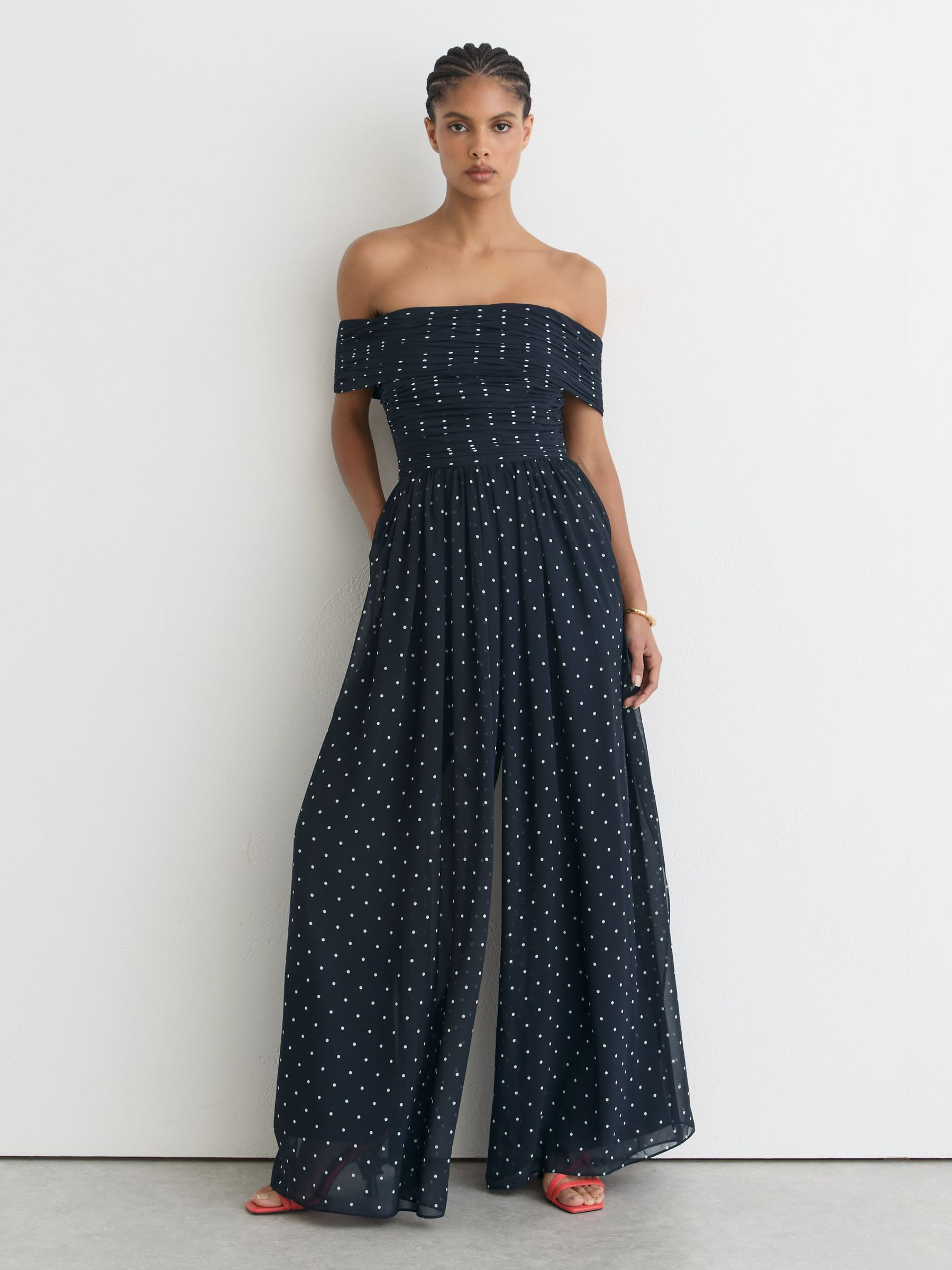Polka-Dot Bardot Wide-Leg Jumpsuit in Navy/Ivory | Reiss UK