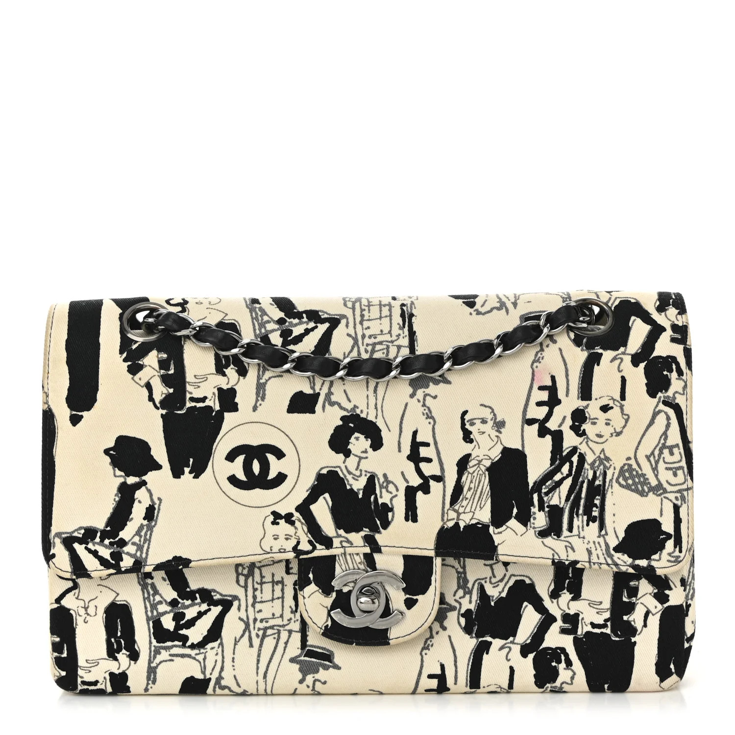 Canvas Coco Icons Medium Double Flap Black White | FASHIONPHILE (US)