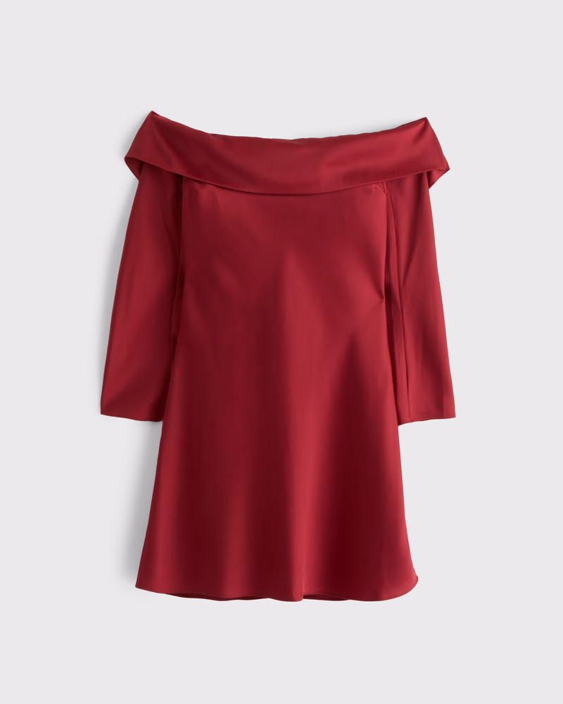 Long-Sleeve Off-The-Shoulder Satin Mini Dress | Abercrombie & Fitch (US)