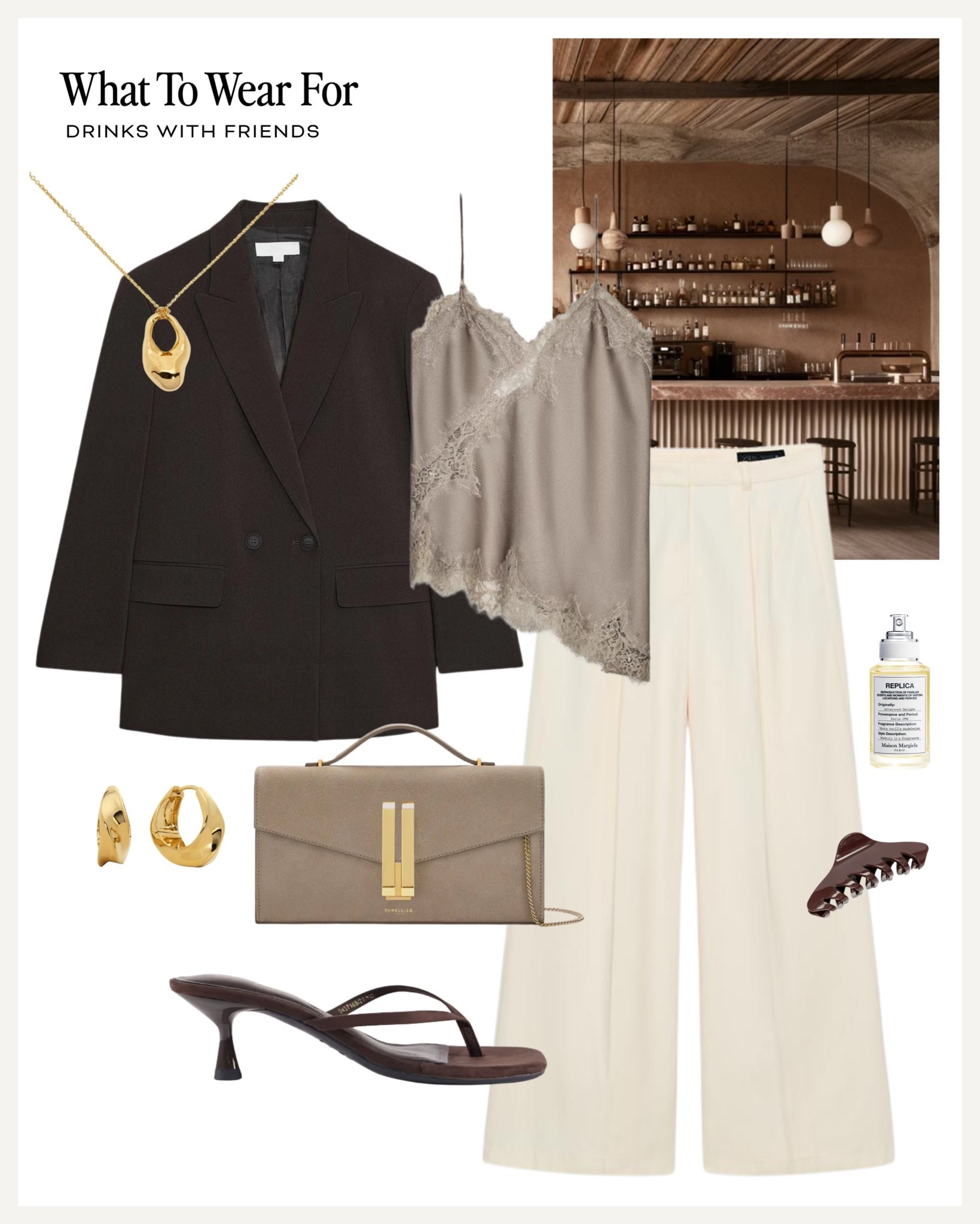 Spring outfit inspo 

Brown blazer / evening looks / white trousers / lace top / brown sandal heels / demellier clutch / neutral outfit 

#LTKspring #LTKstyletip #LTKuk