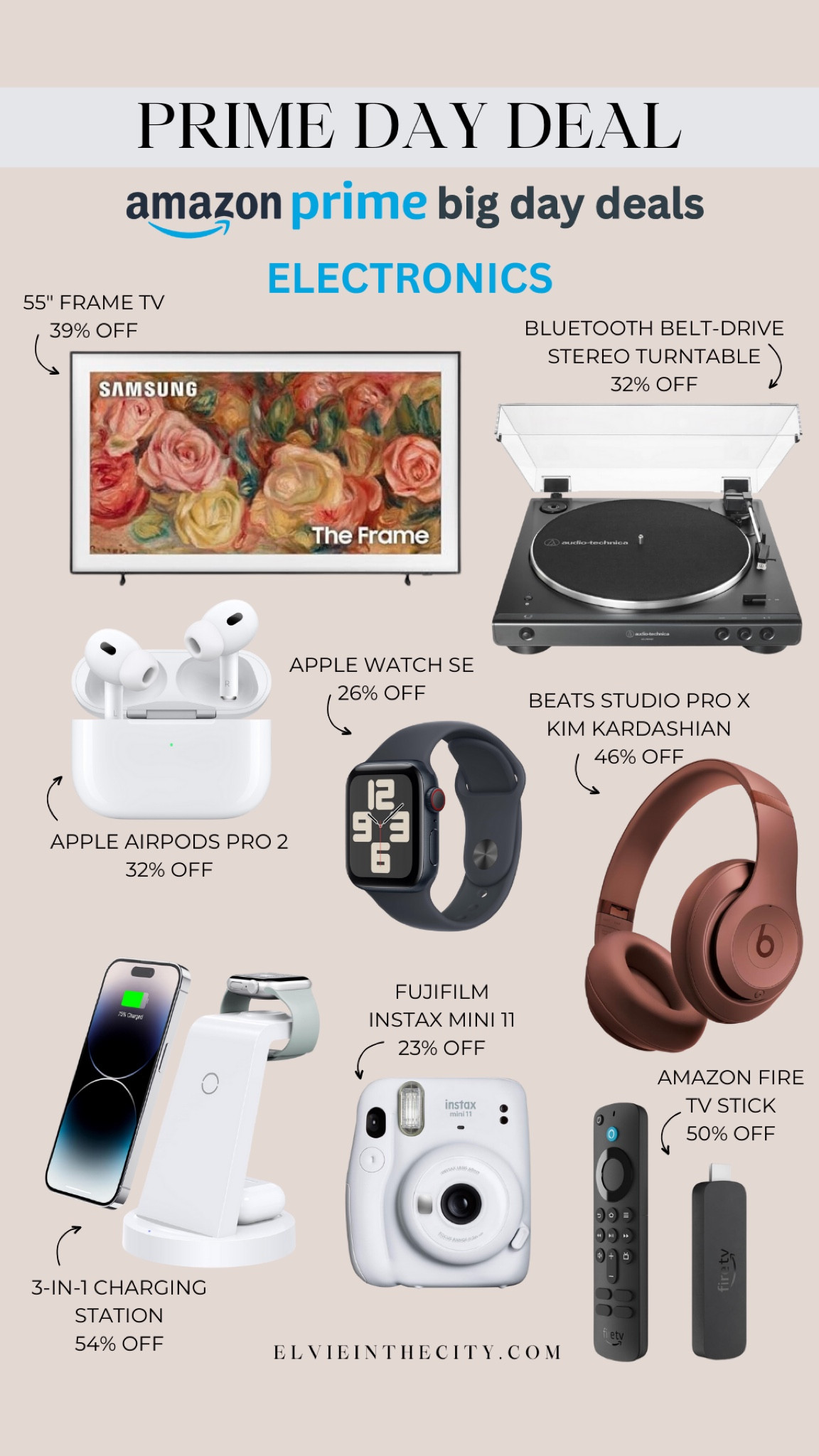 Prime Day electronics deals include a 55” Frame TV, a turntable, Apple AirPods Pro 2, and Apple Watch SE, Beats Studio headphones, a 3-in-1 charging station, an Instax camera, and Amazon Fire TV stick.

Amazon Prime Day, electronics, gifts for her, gifts for him

#LTKFindsUnder50 #LTKFindsUnder100 #LTKxPrimeDay