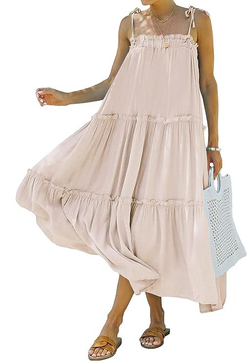 BTFBM Women's Summer Adjustable Spaghetti Strap Sleeveless Dresses Casual Loose Tiered Ruffle Cam... | Amazon (US)