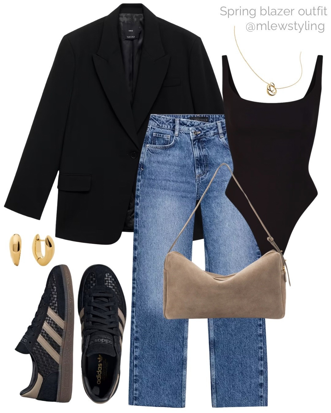 Spring outfit with a black blazer 🖤

Tags: mango blazer (on sale), skims bodysuit, new in Zara cross waist jeans, suede Elleme bag, adidas sneakers, gold earrings, capsule wardrobe, neutral aesthetic 

#LTKWorkwear #LTKSeasonal #LTKootd