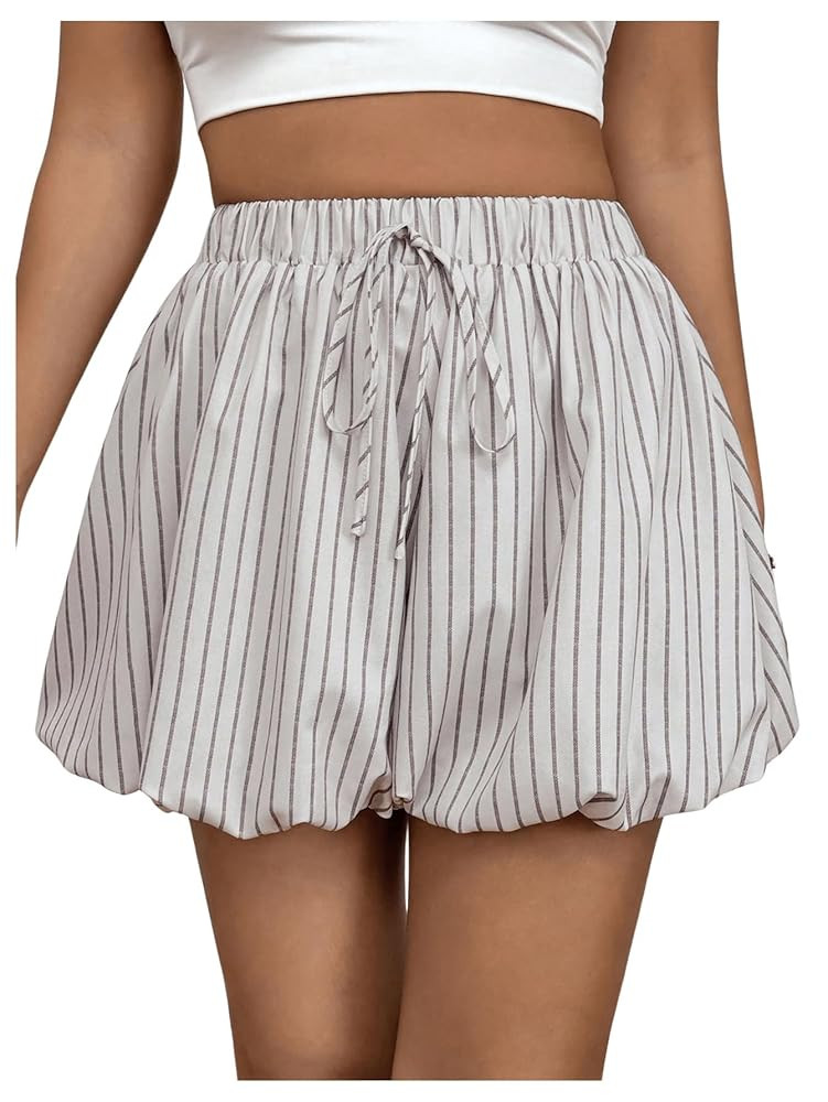 OYOANGLE Women's Striped Drawstring Elastic High Waist Bubble Shorts Loose Casual Puffy Shorts | Amazon (US)
