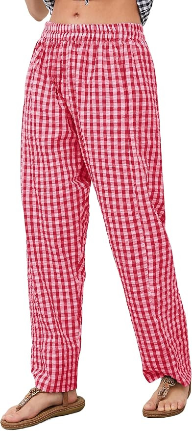 Livtany Women's Mid-Rise Plaid Wide Leg Lounge Long Pant Classic Gingham Print Stretchy Elastic W... | Amazon (US)