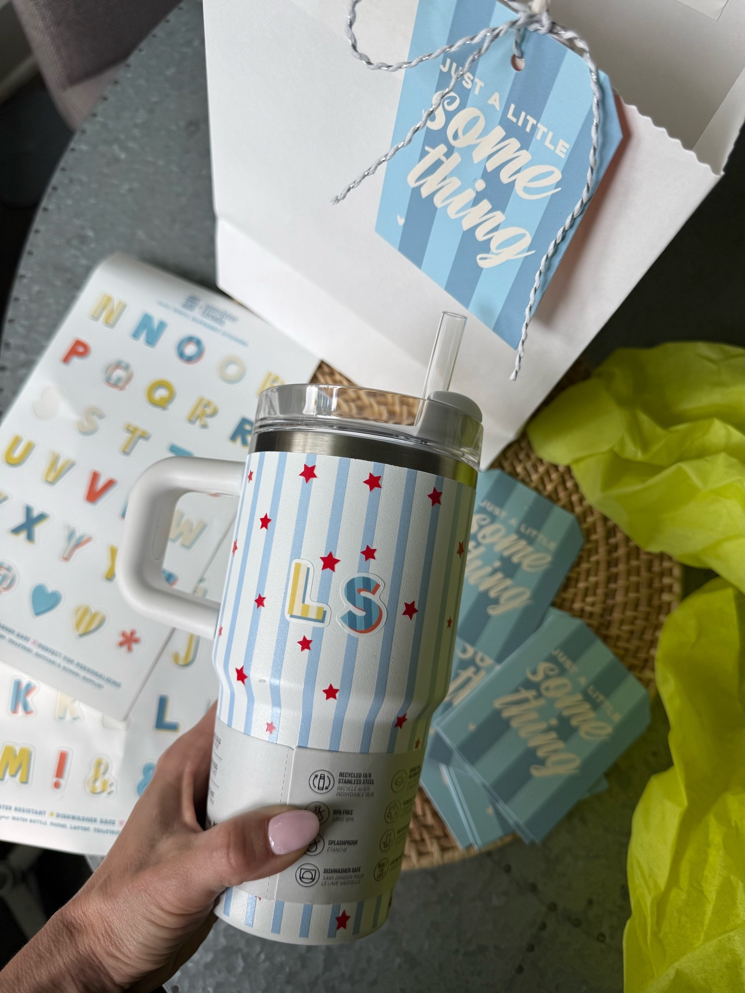 Cutie little birthday gift for my neighbor who’s always out in her garden🌼 customized this 20 ounce Stanley with Joy Creative Shop vinyl stickers (code: andrea10 for 10% off) and also added some San Pellegrino sparkling waters! Finished with Jcs tag!