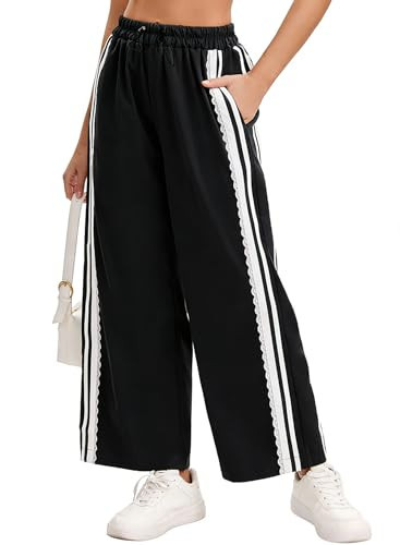 CITASHION Baggy Track Pants Women Wide Leg Y2K Casual Drawstring Striped Contrast Color Lace Side Workout Pants Black M | Amazon (US)