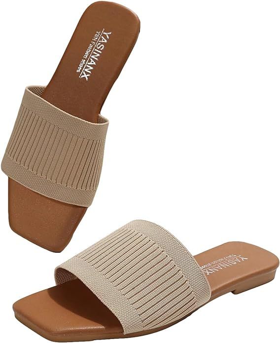 OYOANGLE Women's Single Band Square Open Toe Slide Sandals Summer Slip on Flat Sandals | Amazon (US)