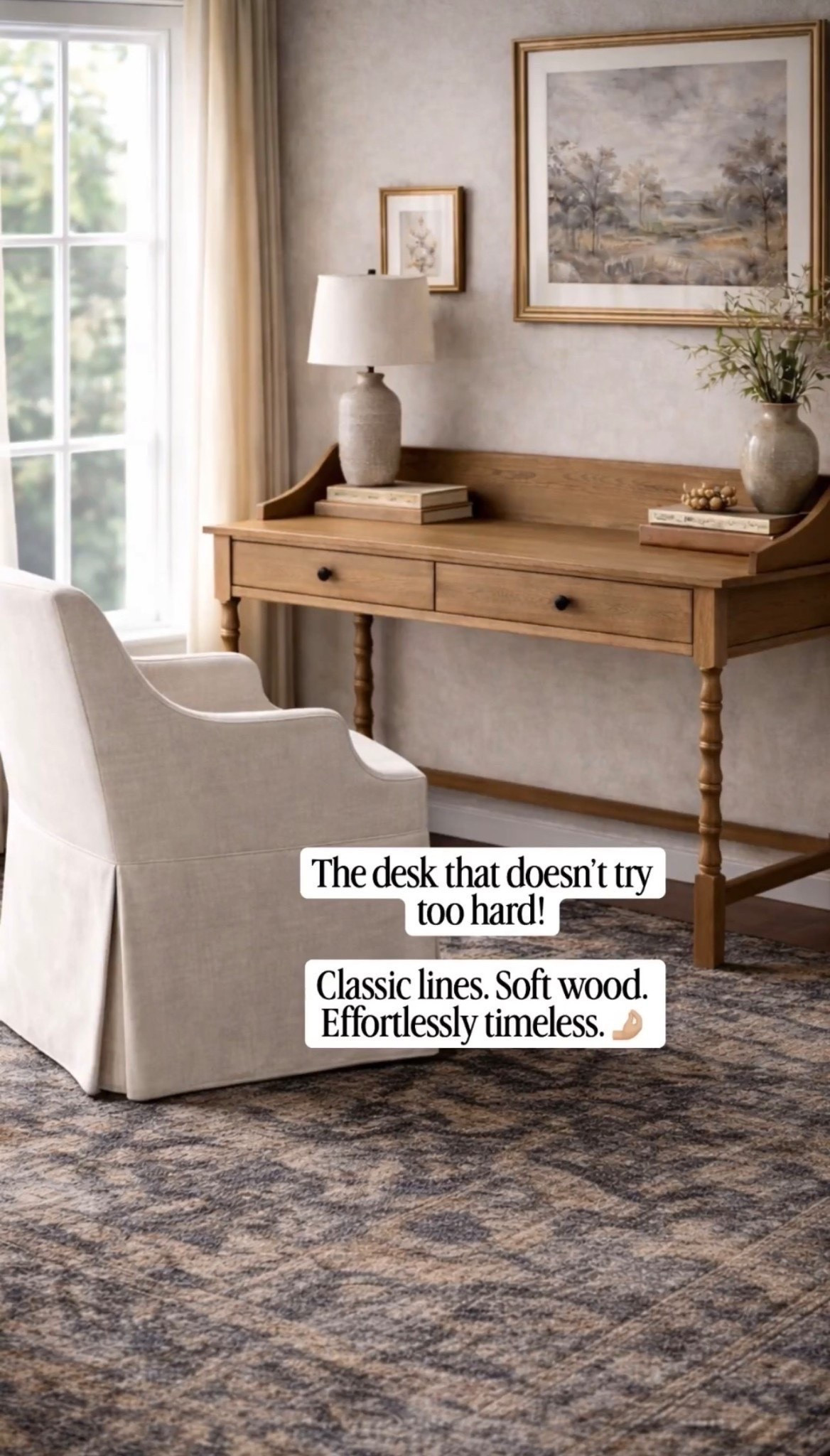 Why Does This Look So Expensive??
Turned legs, warm wood, and a silhouette I’m loving! The kind of piece that elevates a room instantly 🤌🏼

desk / home office desk / computer desk / writing desk / office desk / work from home desk /  desk for home office / small desk for home office / traditional desk / transitional desk / vintage style desk / classic desk design / neutral desk / wood desk

#HomeDecor #InteriorStyling #NeutralInteriors
#ModernTraditional #TimelessDesign
#HomeInspo #LayeredHome #LivingRoomInspo #InteriorDesignIdeas #DesignInspiration #CozySpaces #InteriorDetails #homestylinginspo #homerefresh

#LTKHome #LTKSeasonal #LTKOver40