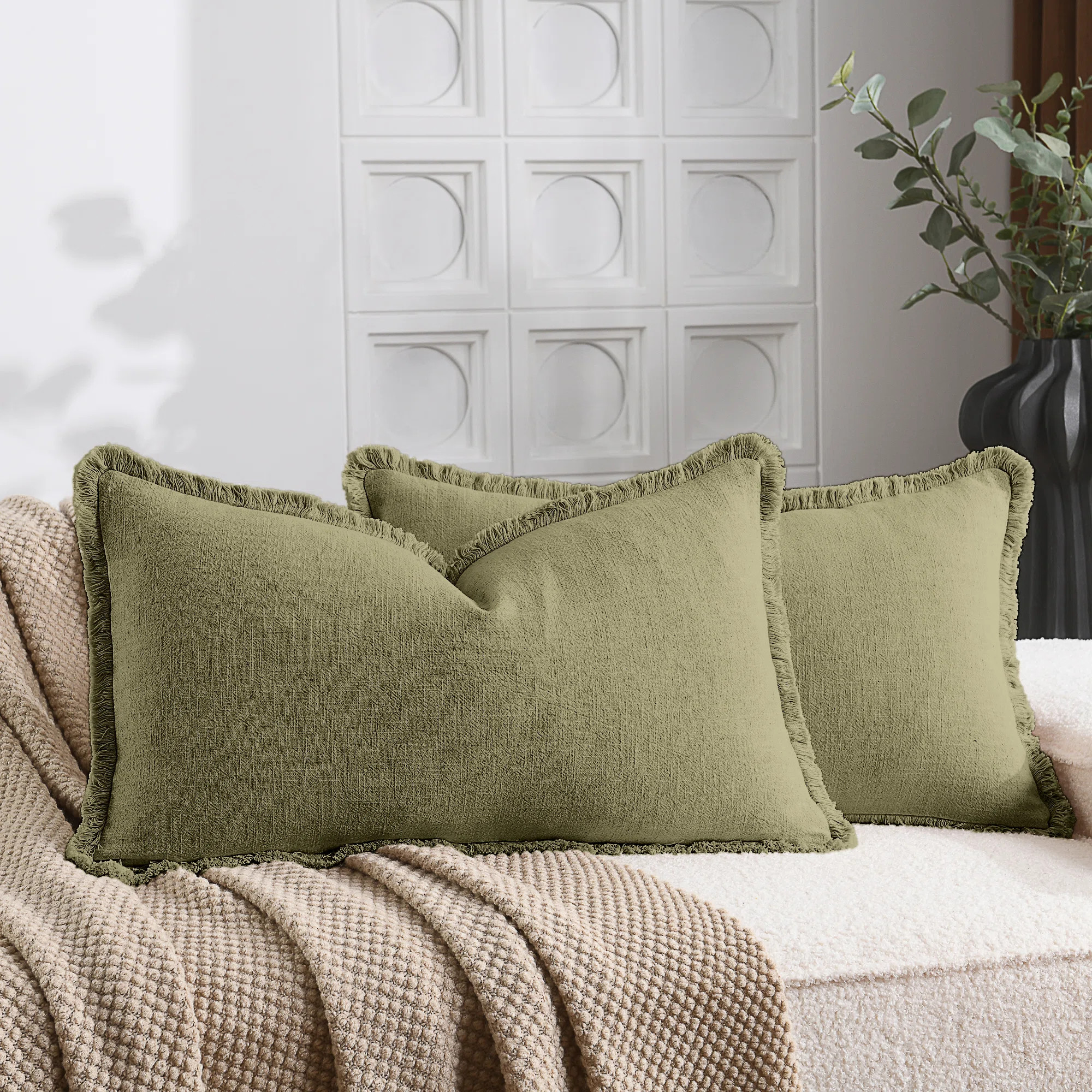 Washed Linen Textured Boho Farmhouse Pillow Cover With Tassels Edge (Set of 2) | Wayfair North America