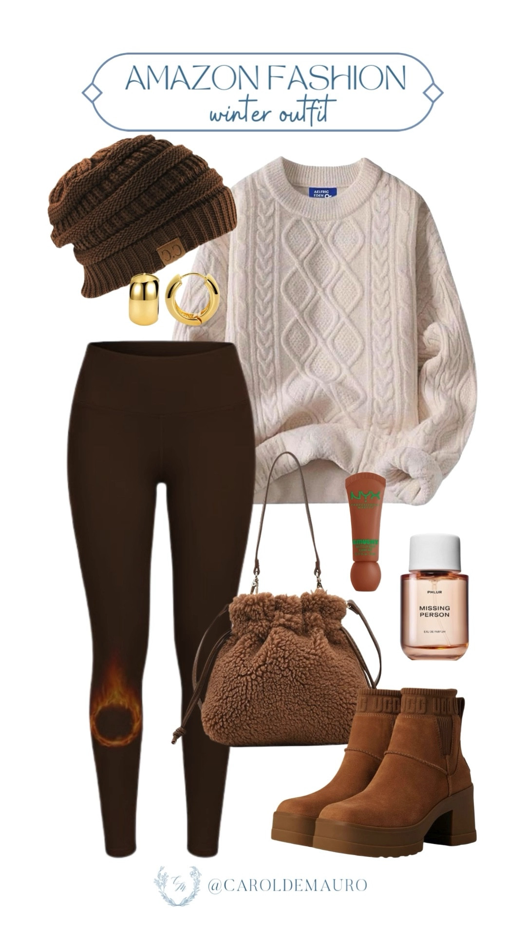 You found the perfect winter outfit that feels like pajamas but looks put together. This chunky cable knit sweater and these brown heattech leggings, plus that fuzzy bag combo is everything.

amazon fashion, winter looks, everyday look, lounge wear, casual chic, neutral style, boots season, winter accessories

#LTKU #LTKSeasonal #LTKFindsUnder50
