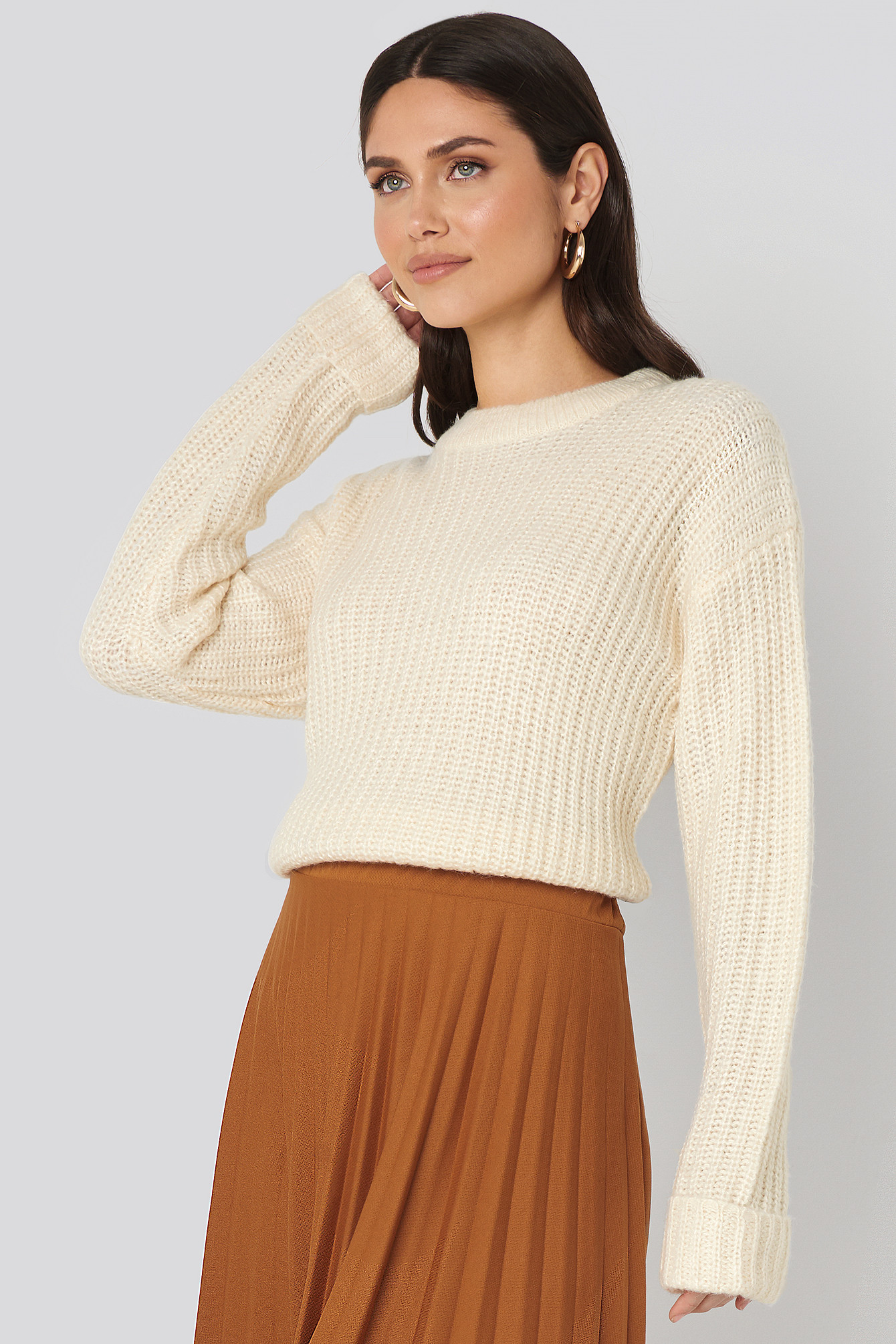 Folded Sleeve Round Neck Knitted Sweater Blanc | NA-KD FR