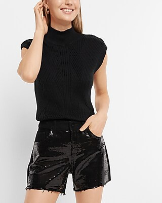 Mid Rise Sequin Front Raw Hem Boyfriend Jean Shorts | Express
