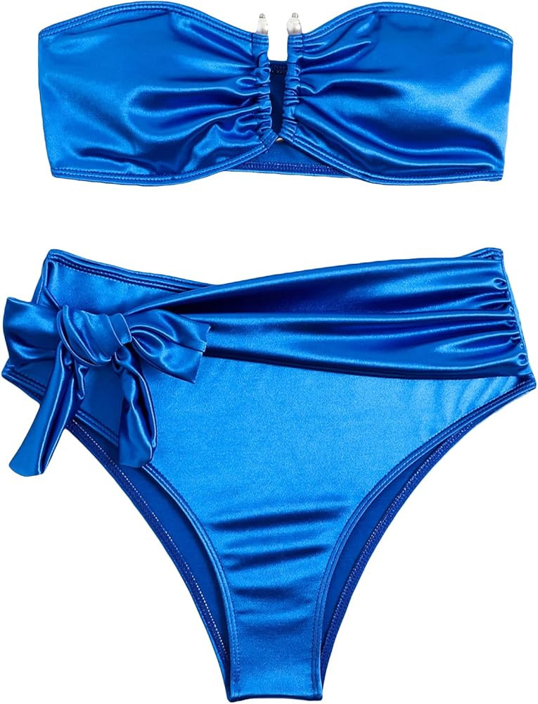 SOLY HUX Women's Satin Bandeau Bikini Swimsuit High Waisted 2 Piece Bathing Suits Swimwear | Amazon (US)