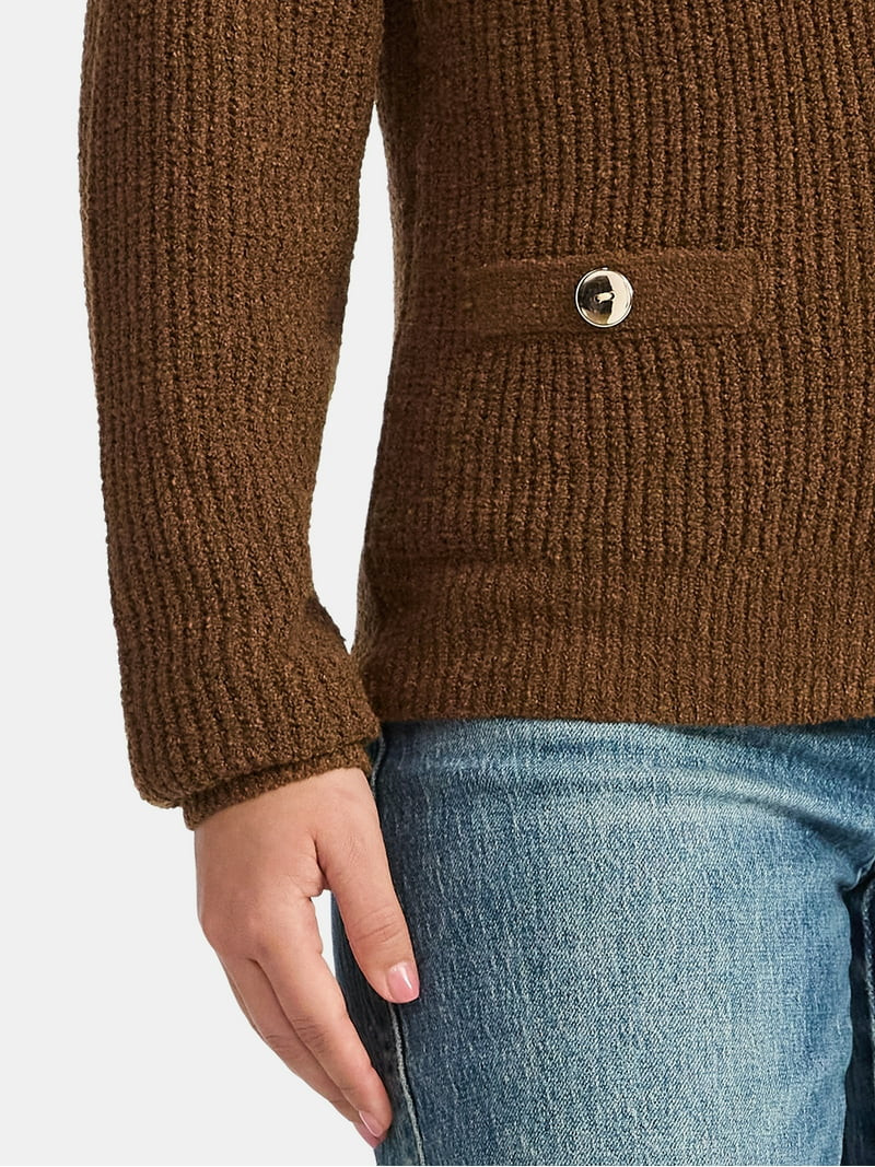 Time and Tru Women's V Neck Button Front Boucle Cardigan Sweater with Long Sleeves, Mid-weight, S... | Walmart (US)