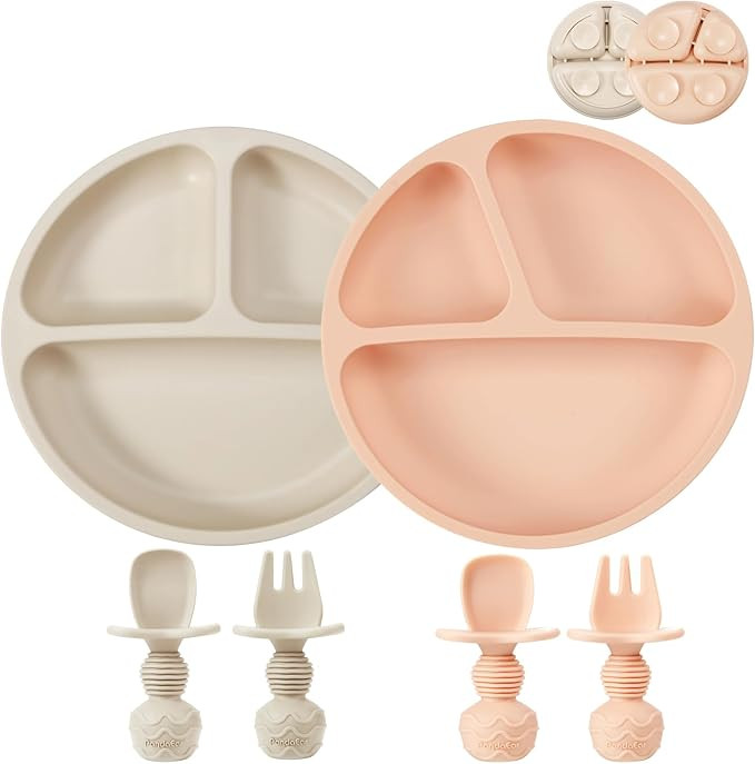 PandaEar 2 Pack Silicone Divided Suction Plates with 2 Spoons 2 Forks for Babies & Toddlers | Bab... | Amazon (US)