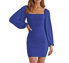 MEROKEETY Women Square Neck Lantern Long Sleeve Mesh Ruched Bodycon Clubwear Mini Dress | Amazon (US)