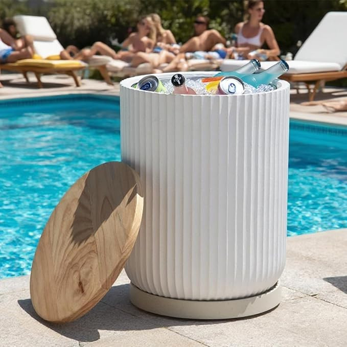 Outdoor Cooler Side Table with Wheels, Patio Table with Stainless Steel Ice Chest Storage Bucket,... | Amazon (US)