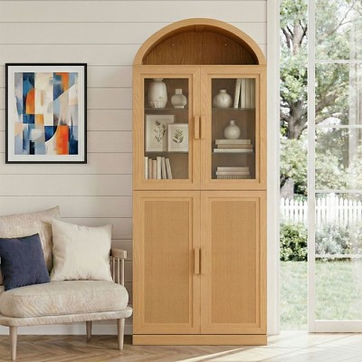 Arched Display Cabinet 76" Tall Freestanding Storage Cabinet with Glass & Rattan Doors Adjustable Shelves for Living Room Office Kitchen Dining Room | Target