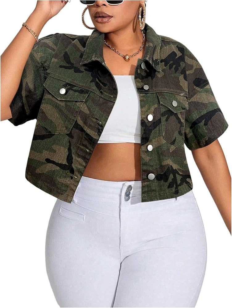 WDIRARA Women's Plus Size Camo Print Crop Denim Jacket Button Down Short Sleeve Jean Coat | Amazon (US)
