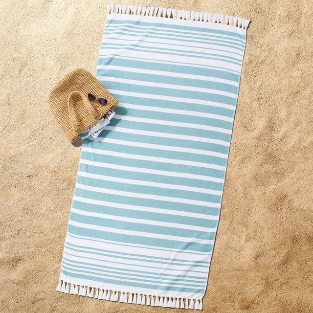 Better Homes & Gardens Oversized Flatwoven Cotton Blend Green Striped Flatwoven Beach Towel, 38" ... | Walmart (US)