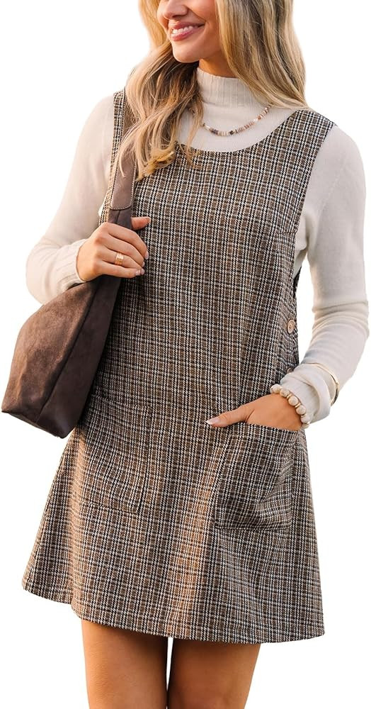 CUPSHE Women's Fall Dresses Houndstooth Pinafore Dress Side Buttons Crewneck Plaid Overall Mini D... | Amazon (US)