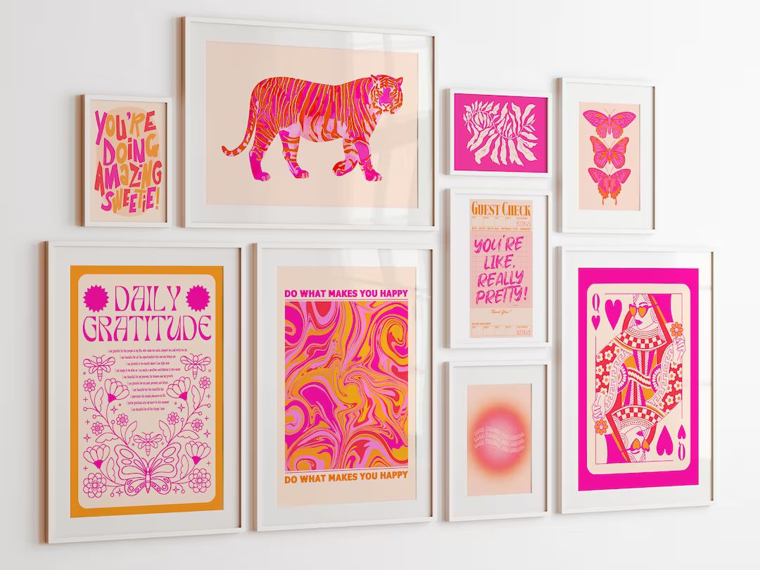 pink orange wall art preppy room decor trendy retro art prints, maximalist gallery wall art set o... | Etsy (US)