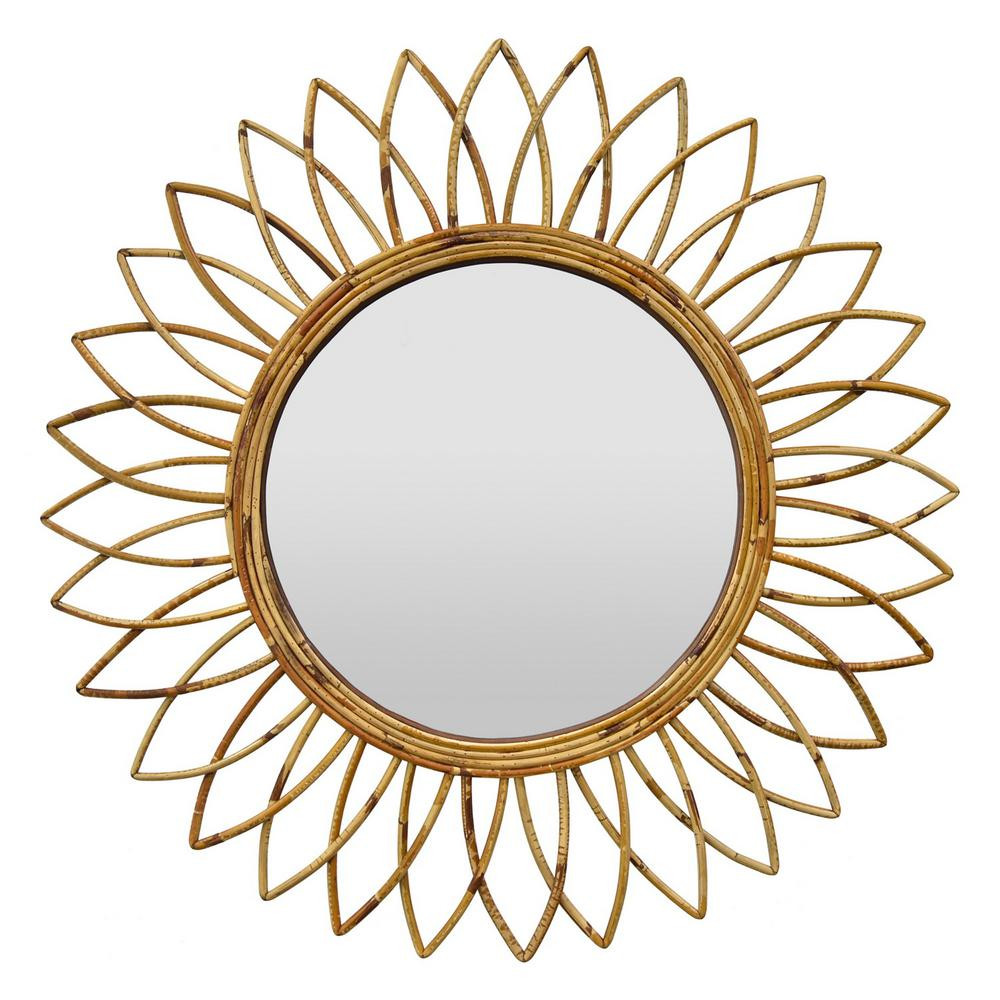 THREE HANDS 32 in. Natural Brown Fiber Rattan Mirror | The Home Depot