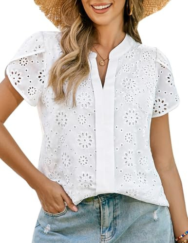 Women's Summer Dressy Casual Blouses Short Petal Sleeves Hollow Out Embroidered White Blusas Casuales De Mujer Bonitas Tops S | Amazon (US)