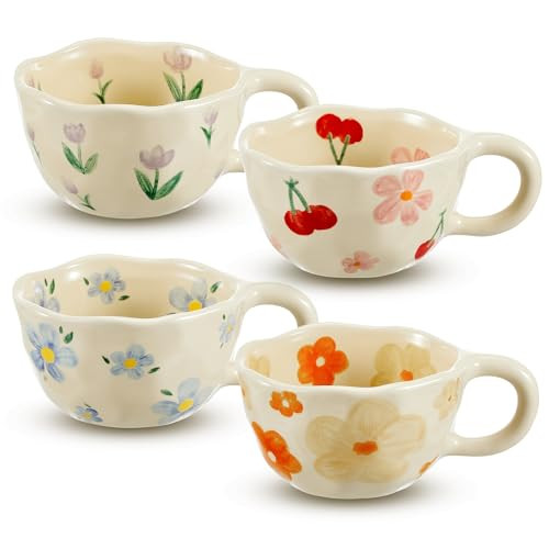Vesici 4 Styles Cute Spring Ceramic Flower Coffee Mug Set 8.5 oz Vintage Aesthetic Porcelain Flor... | Amazon (US)