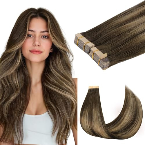 GOO GOO Tape in Hair Extensions Human Hair, 4/27/4 Balayage Chocolate Brown to Caramel Blonde, 20inch 100g 40pcs, Skin Weft Seamless Invisible, Silky Straight with Thick Ends, Remy Human Hair | Amazon (US)