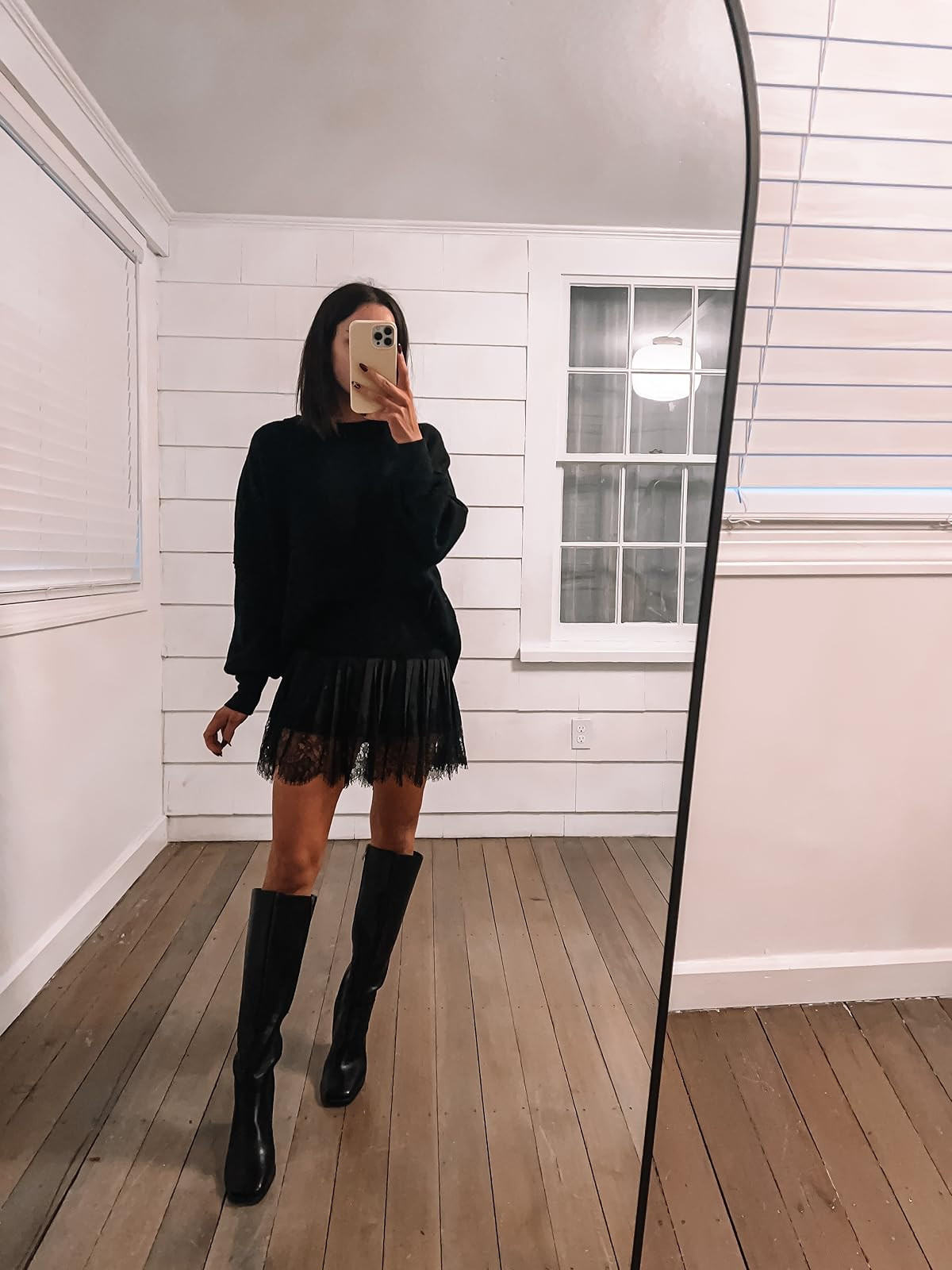 Holiday/ christmas party outfit! Oversized sweater/lace mini skirt/knee high boots.
 

 #LTKHoliday #LTKPetite #LTKFindsUnder100