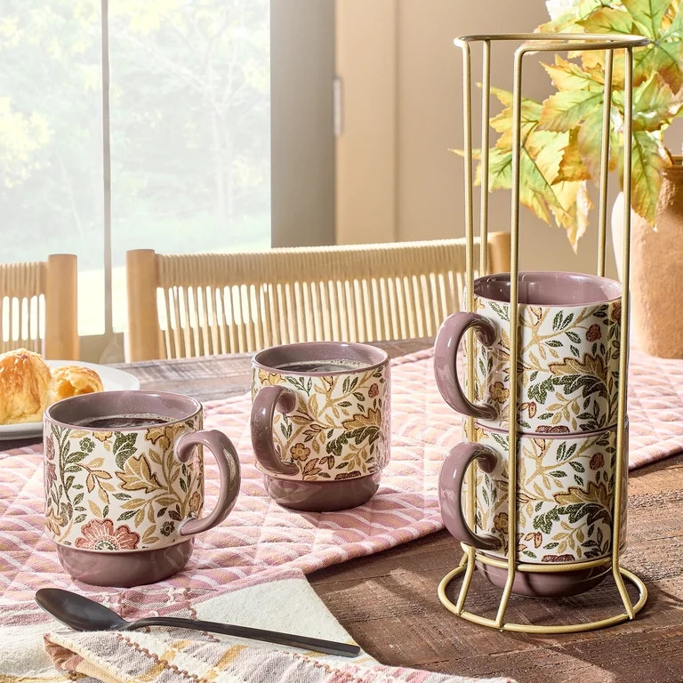 Better Homes & Gardens Edith Vine Floral 14 oz Stoneware Stacking Mugs with Metal Storage Rack, 5... | Walmart (US)