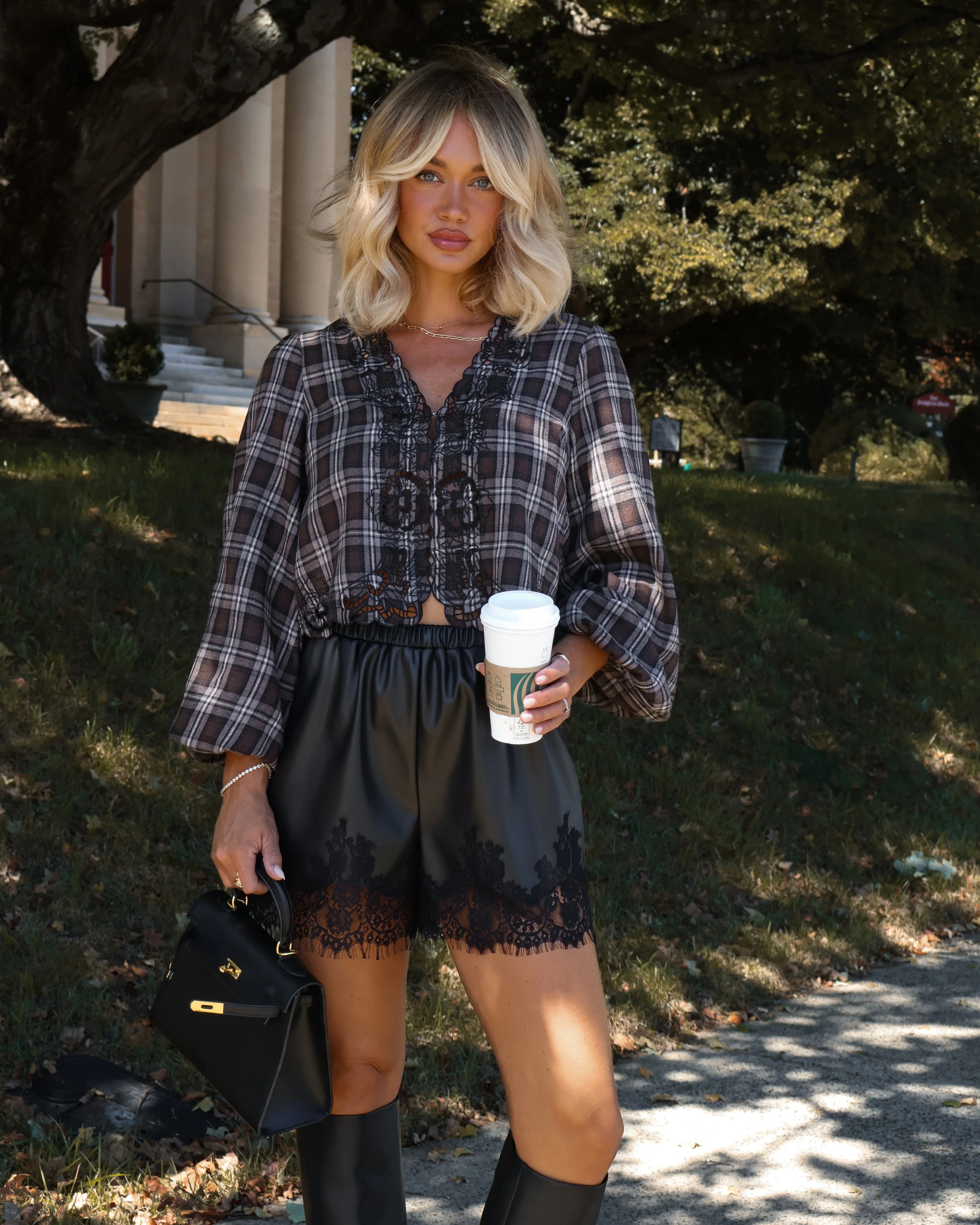 Sharla Plaid Lace Trim Top | VICI