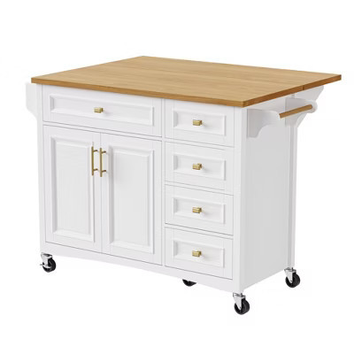 sumyeg 52" Rolling Kitchen Island with Drop Leaf, Spice Rack, Towel Rack, 2 Doors, 5 Drawers, Adjustable Shelf (No Stools) | Target