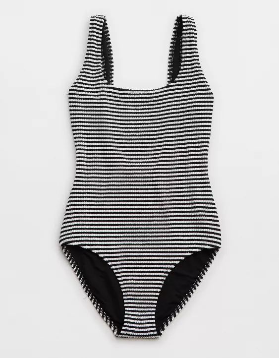 Aerie Crinkle Stripe Wide Strap Scoop One Piece Swimsuit | American Eagle Outfitters (US & CA)