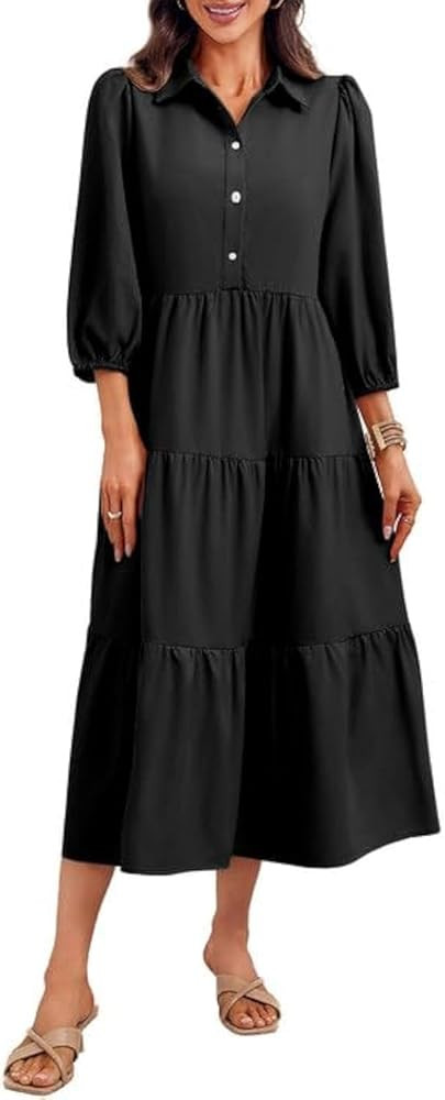 Wenrine Womens Casual 3/4 Sleeve Shirt Dress Button Down V Neck Tiered Collared Flowy Maxi Dress | Amazon (US)