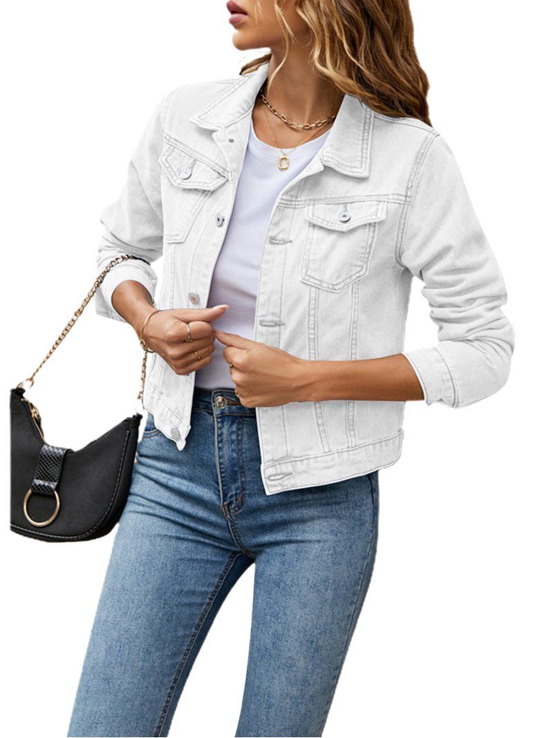 Women's Basic Button Down Stretch Fitted Long Sleeves Denim Jean Jacket | Walmart (US)
